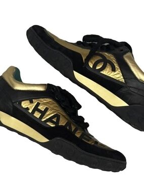 Chanel Metallic Gold & Black Logo Sneakers